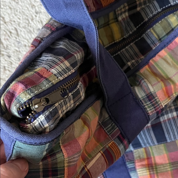 J.Crew Plaid Patchwork Tote Bag with Navy Accents - Picture 2 of 4